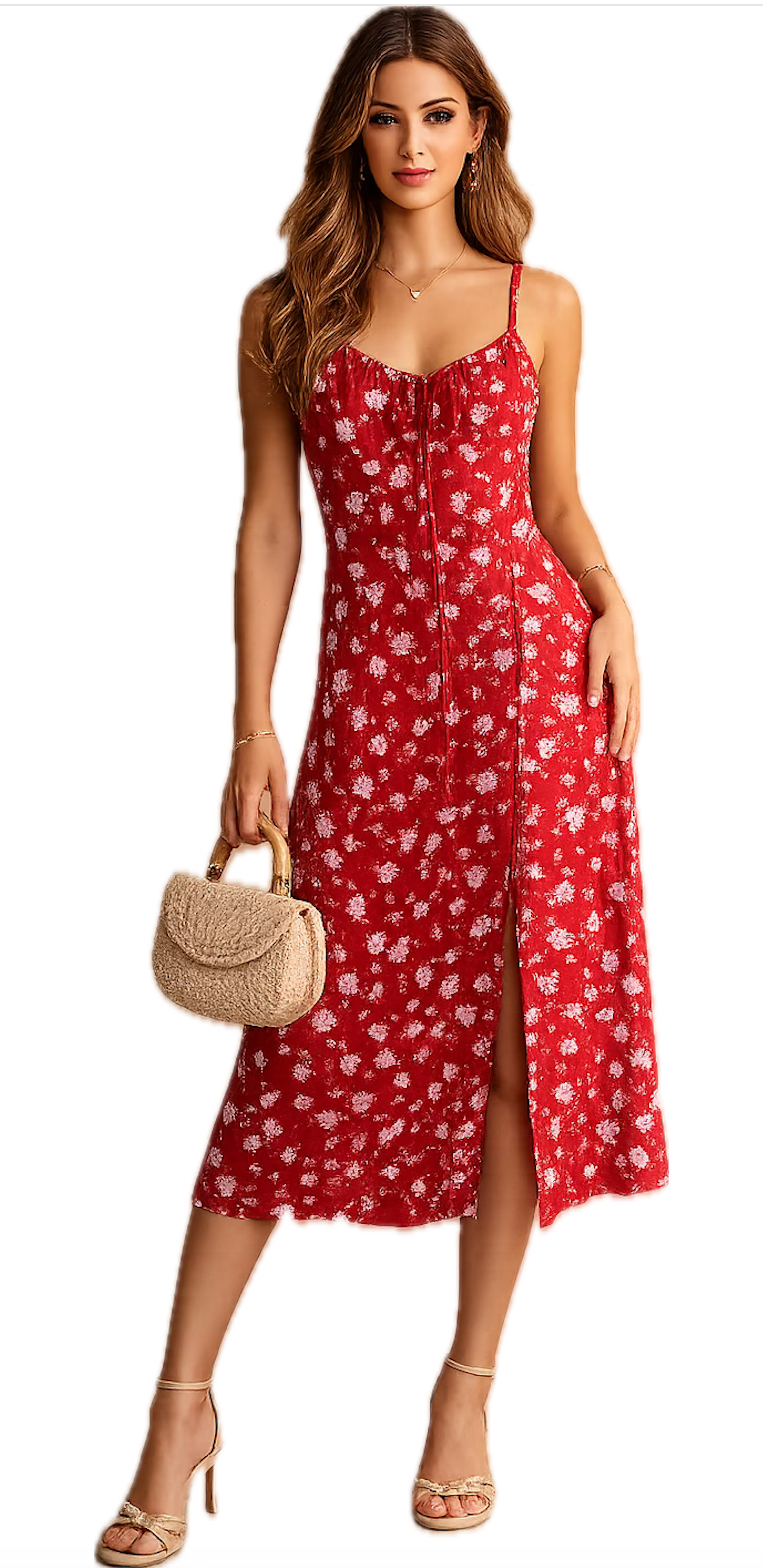 Vestido midi rojo con estampado floral blanco y abertura frontal